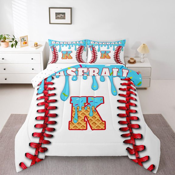 Manfei Letter Monogrammed K Boy 2pcs Bedding Comforter Set,Graffiti Splash Twin Comforter Sets,Sport Baseball Breathable Bedding Set,Lightweight Room Decor,Reversible