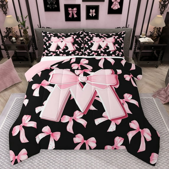 Manfei Letter Monogrammed M Full Size Comforter Sets 3-Piece for Boys Girls,Kawaii Ribbon Bow Bedding Comforter Set,Dreamy Princess Lightweight Bedding Sets,Lightweight Room Decor,Reversible