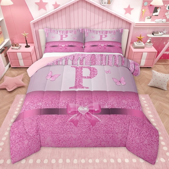 Manfei Letter Monogrammed P 2pcs Bedding Comforter Set for Kids Children Girls,Dreamy Princess Twin Comforter Sets,Cute Butterfly Bowknot Breathable Bedding Set,Bling Glitter Bedroom Decor