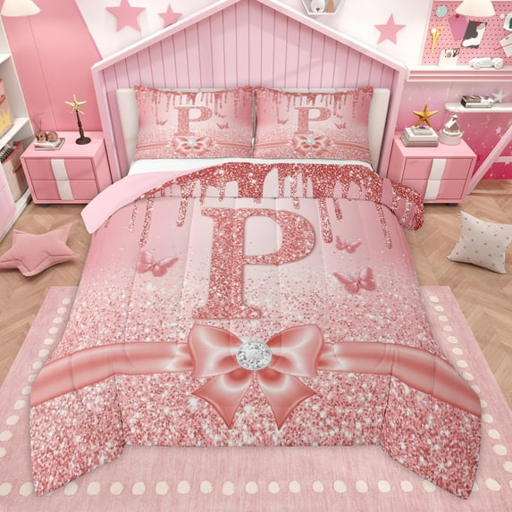 Manfei Letter Monogrammed P 2pcs Bedding Comforter Set for Kids Children Girls,Dreamy Princess Twin Comforter Sets,Cute Butterfly Bowknot Breathable Bedding Set,Bling Glitter Bedroom Decor