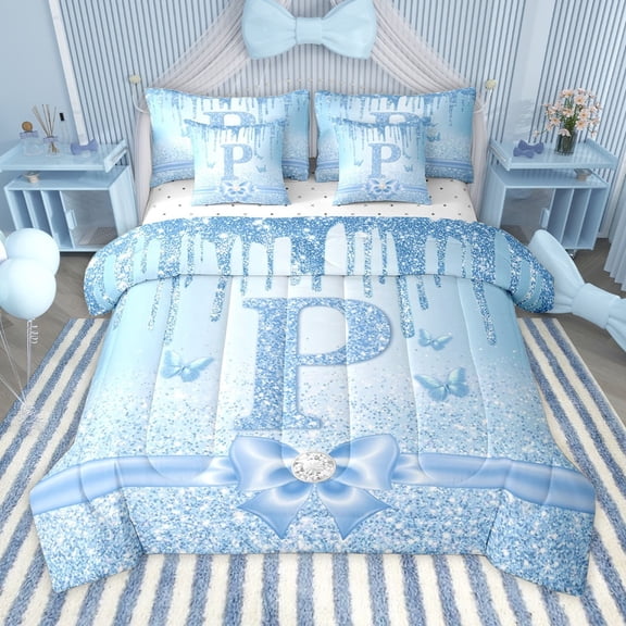 Manfei Letter Monogrammed P 7-Piece Twin Bedding Sets for Kids Children Girls,Dreamy Princess Bedding Comforter Set,Cute Butterfly Bowknot Breathable Sheet Sets,Bling Glitter Bedroom Decor