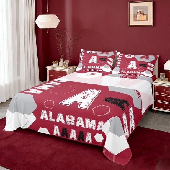 Manfei Letter A Monogrammed Queen Sheet Sets,Alabama Sport City Flat Sheet,Red Gray White Queen Fitted Sheet For Boys Kids,Microfiber Room Decorative,4pcs