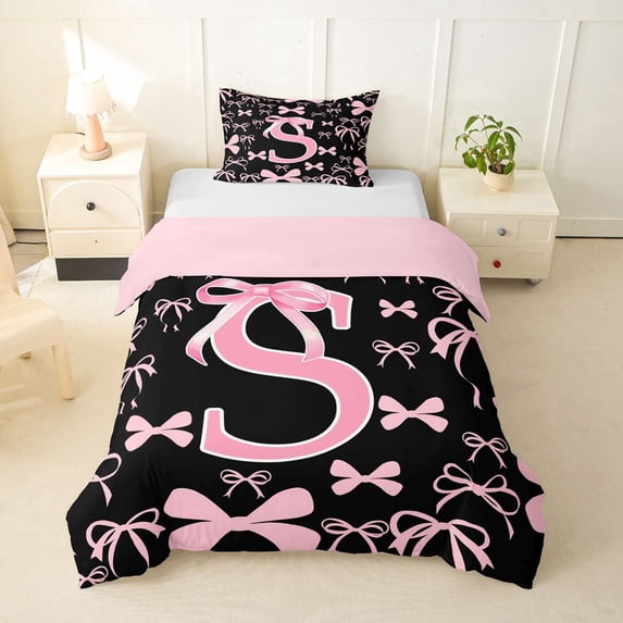 Manfei Letter Monogrammed S Twin Bedding,Kawaii Ribbon Bow Duvet Cover Set,2pcs,No Comforter,Pink Reversible,Breathable Home Decor