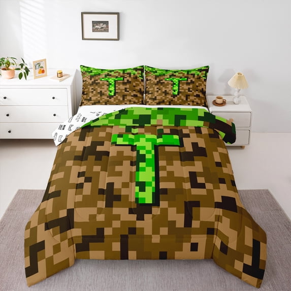 Manfei Letter Monogrammed T 3-Piece Full Size Comforter Sets for Teens Boys Girls,Construction Game Bedding Comforter Set,Building Blocks Lightweight Bedding Sets,Microfiber Bedroom Decor