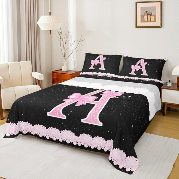 Manfei Letter A Monogrammed Twin Sheet Sets,Pink Bow Bowtie Twin Fitted Sheet,Galaxy Starry Sky Flat Sheet For Child,Microfiber Room Decorative,3-Piece