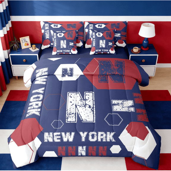 Manfei Letter N Monogrammed 7-Piece Bedding Comforter Set,New York Sport City King Bedding Sets,Blue White Red Bed Sheets For Boys Kids,Microfiber Room Decorative Reversible
