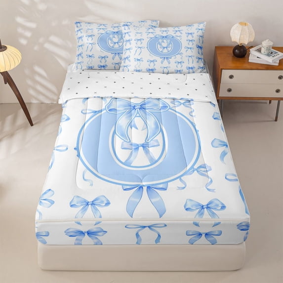 Manfei Letter O Initial Monogram Zipper Twin Comforter Sets with Fitted Sheet and 2 Pillowcases For Kids,Girly Bow Zipper Bedding Set For Bow Lovers,Reversible,4 Pieces