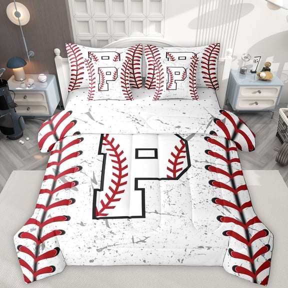 Manfei Letter P Monogrammed 7-Piece Bedding Comforter Set,Baseball Game Lover King Bedding Sets,White Red Bed Sheets For Boys,Microfiber Room Decorative Reversible