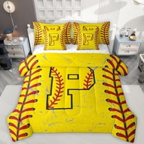 Manfei Letter P Monogrammed 7-Piece Twin Bedding Sets,Baseball Game Bedding Comforter Set,Yellow Red Sheet Sets For Boy,Microfiber Room Decorative Reversible