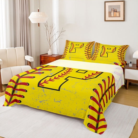 Manfei Letter P Monogrammed Bed Sheets,Baseball Game King Sheets,Yellow Red Sheet Set For Boy,Microfiber Room Decorative,4pcs