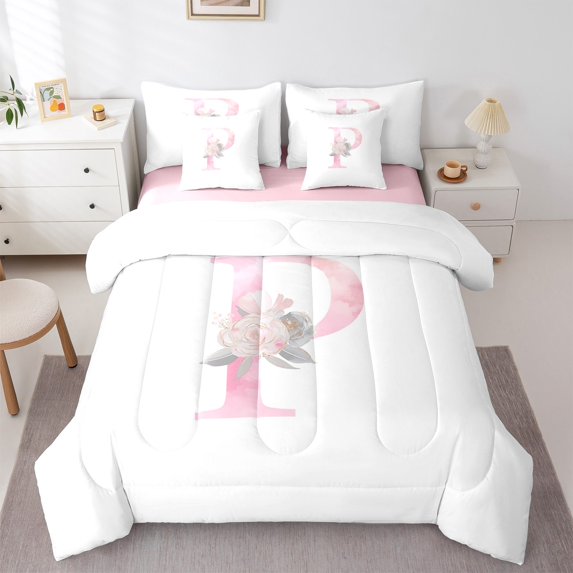 Manfei Letter P Monogrammed Bedding Comforter Set 7 Pieces,Romantic Girls Flower Full Bedding Set,Pink White Fitted Sheet Flat Sheet For Child,Microfiber Room Decorative Reversible