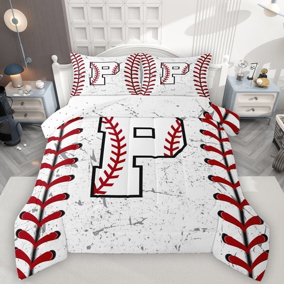 Manfei Letter P Monogrammed Bedding Comforter Set,Baseball Game Lover Twin Comforter Sets,White Red Bedding Set For Boys,Microfiber Room Decorative Reversible,2-Piece