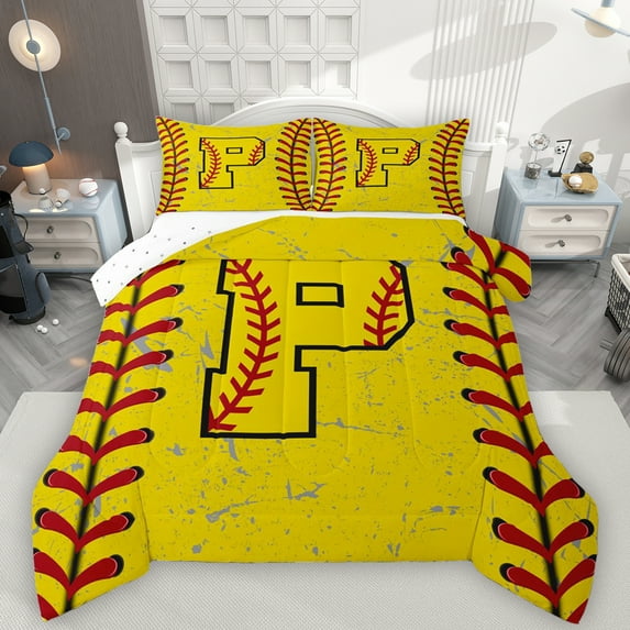 Manfei Letter P Monogrammed Bedding Comforter Set,Baseball Game Twin Comforter Sets,Yellow Red Bedding Set For Boy,Microfiber Room Decorative Reversible,2pcs