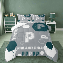 Manfei Letter P Monogrammed Bedding Comforter Set,Philadelphia Sport City Twin Comforter Sets,Gray Green White Bedding Set For Boys Kids,Microfiber Room Decorative Reversible,2-Piece