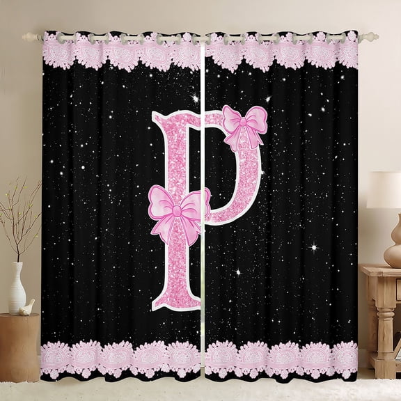 Manfei Letter P Monogrammed Blackout Curtains Set of 2 (52x84 Each),Pink Bow Bowtie Window Curtains,Galaxy Starry Sky Curtains and Drapes For Child,Microfiber Room Decorative