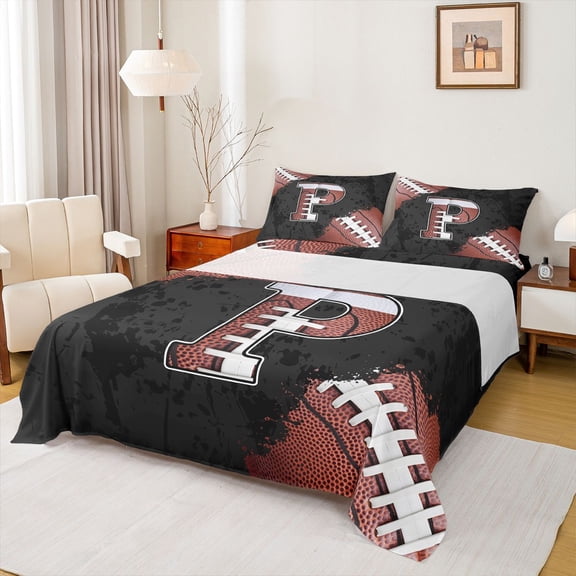 Manfei Letter P Monogrammed Full Size Sheets,Rugby Game Bed Sheets,Brown Black Sheet Sets For Boy,Microfiber Room Decorative,4 Pieces