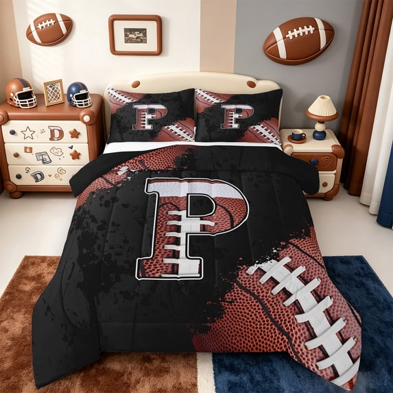 Manfei Letter P Monogrammed Queen Comforter Set,Rugby Game Bedding Sets,Brown Black Bedding Comforter Set For Boy,Microfiber Room Decorative Reversible,3pcs