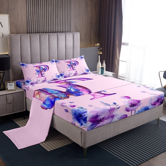 Manfei Letter P Monogrammed Twin Sheet Sets,Watercolor Rustic Flowers Twin Fitted Sheet,Cute Butterflies Flat Sheet For Girls,Microfiber Room Decorative,3 Pieces