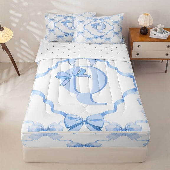 Manfei Letter Q Initial Lettering Zipper Twin Comforter Sets with Fitted Sheet and 2 Pillowcases For Girl,Dreamy Blue Ribbon Bow Zipper Bedding Set,Reversible,4-Piece