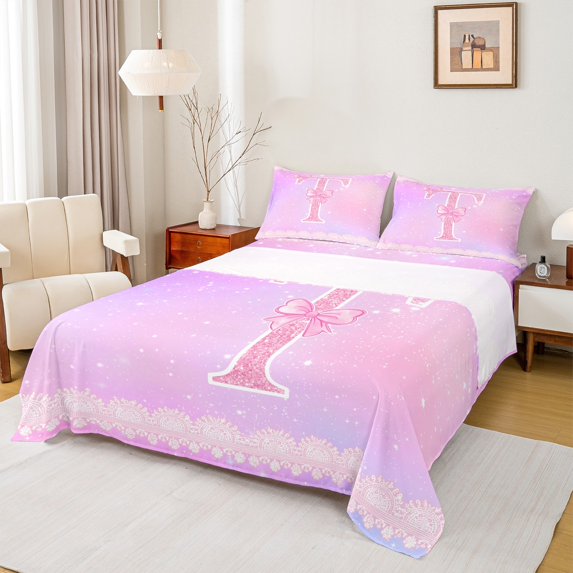 Manfei Letter T Monogrammed Bed Sheets,Pink Sparking Print King Sheets,Cute Bow Bowtie Sheet Set For Child,Microfiber Room Decorative,4pcs