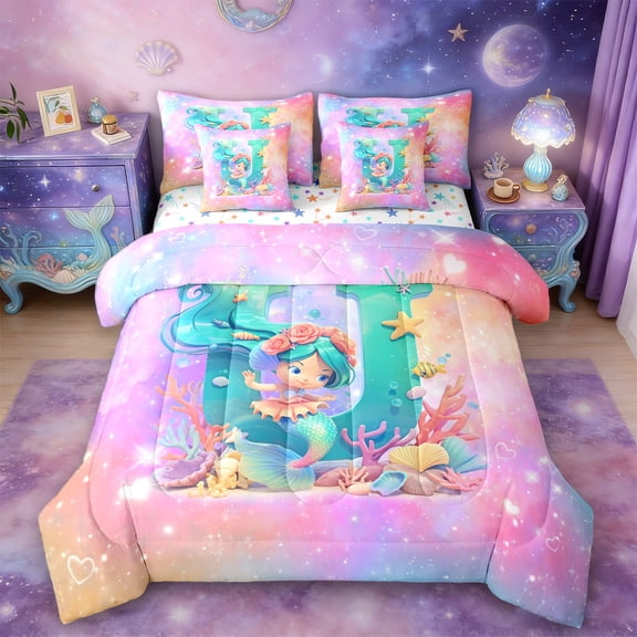 Manfei Letter U Monogrammed Twin Bedding Sets 7-Piece,Chic Sealife Mermaid Bedding Comforter Set,Colorful Ocean Coral Sheet Sets For Child,Microfiber Room Decorative Reversible
