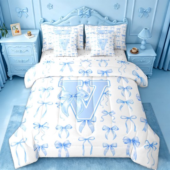 Manfei Letter V Monogram 7-Piece Twin Bedding Sets For Kids,Blue Ribbon Bow Tie Bedding Comforter Set,Reversible