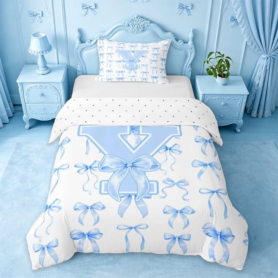 Manfei Letter Y Initial Monogram Twin Bedding For Kids,Girly Bows Duvet Cover Set For Bowknot Lovers,Reversible,2-Piece(No Comforter)