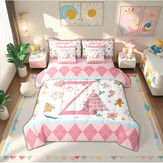 Manfei Letter Z Monogrammed 7-Piece Bedding Comforter Set,Merry Christmas King Bedding Sets,Cute Gingerbread Man Bed Sheets For Child,Microfiber Room Decorative Reversible