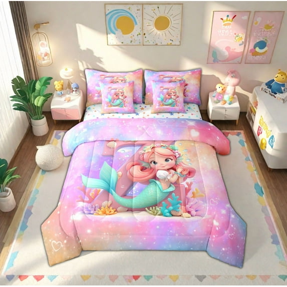 Manfei Letter Z Monogrammed Bedding Comforter Set 7-Piece,Chic Sealife Mermaid King Bedding Sets,Colorful Ocean Coral Bed Sheets For Child,Microfiber Room Decorative Reversible