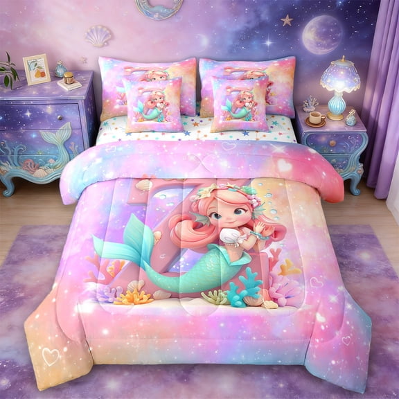 Manfei Letter Z Monogrammed Twin Bedding Sets 7-Piece,Chic Sealife Mermaid Bedding Comforter Set,Colorful Ocean Coral Sheet Sets For Child,Microfiber Room Decorative Reversible