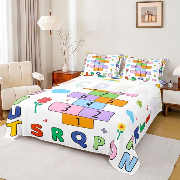 Manfei Letters Number Theme Twin Sheet Sets,Alphabet Game Twin Fitted Sheet,Cute Flower Floral Flat Sheet For Teens,Breathable Home Decor,3 Pieces