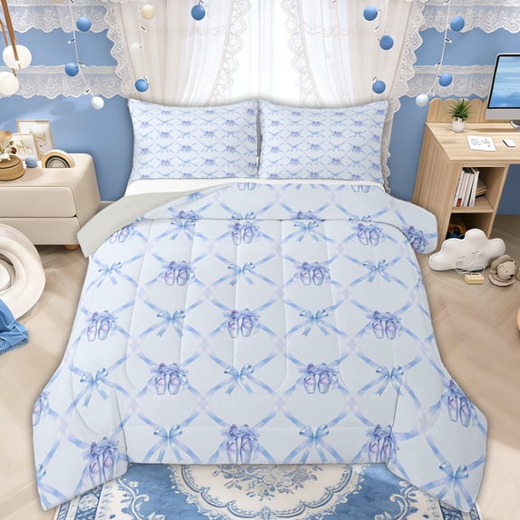 Manfei Light Blue Ballet Shoes Bow Print Queen Comforter Set for Girls, Cartoon Ribbon Bows Bedding Comforter Set, Grey Reversible, 3pcs