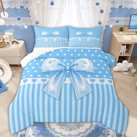 Manfei Light Blue Bow Full Size Comforter Sets for Boys Girls, Princess Polka Dot Bedding Sets, Reversible, 3pcs