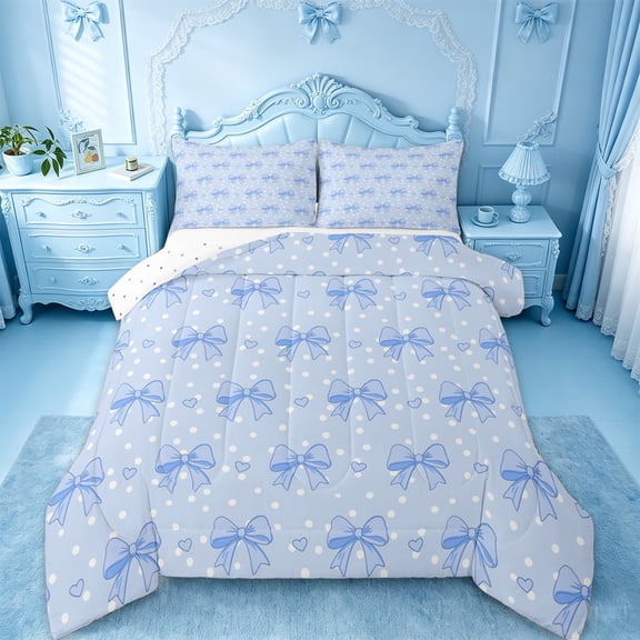 Manfei Light Blue Bow Heart Full Size Comforter Sets For Girls,Cute Polka Dot Bedding Sets,Reversible,3pcs
