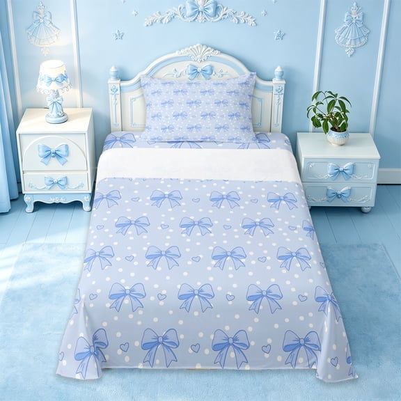 Manfei Light Blue Bow Heart Twin Sheet Sets For Girls,Cute Polka Dot Bedding,3 Pieces