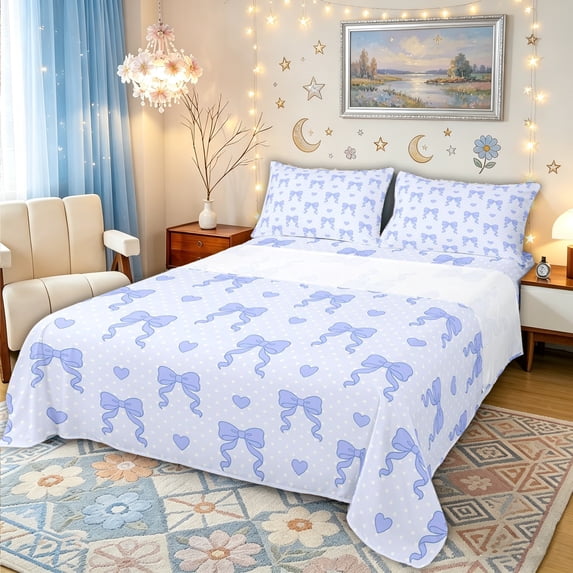 Manfei Light Blue Bow Love Heart Polka Dot Bed Sheets, Cartoon Kawaii King Sheets for Boys Girls Women Men, 4 Pieces