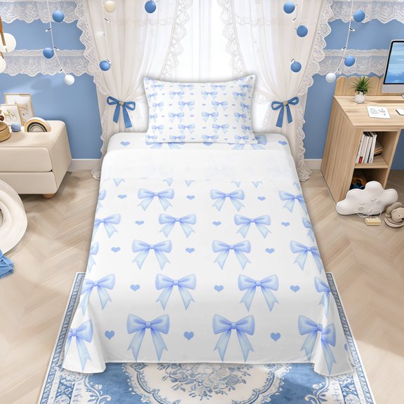 Manfei Light Blue Bow Love Heart Twin Sheet Sets, Cute Princess Style Bedding for Boys Girls Women Men, 3pcs