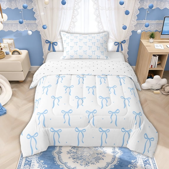Manfei Light Blue Bow Star Twin Comforter Sets for Boys Girls, Dreamy Princess Style Bedding Set, Reversible, 2-Piece