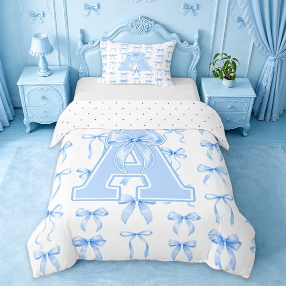 Manfei Light Blue Bow Twin Bedding For Girls,Letter A Initial Duvet Cover Set For Kids,Reversible,2-Piece(No Comforter)