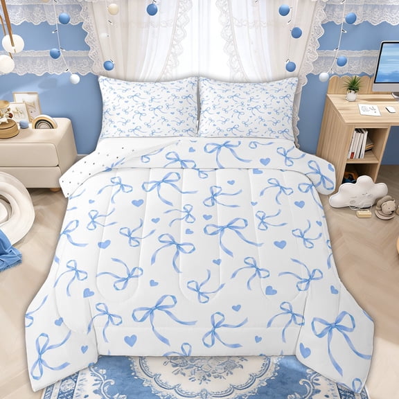 Manfei Light Blue Bows Love Hearts Full Size Comforter Sets for Girls, Cute Ribbon Bows Bedding Sets, Reversible, 3 Pieces
