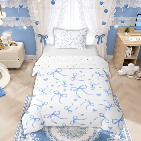 Manfei Light Blue Bows Love Hearts Twin Bedding for Girls, Cute Ribbon Bows Duvet Cover Set, Reversible, 1 Duvet Cover and 1 Pillowcase (No Comforter)