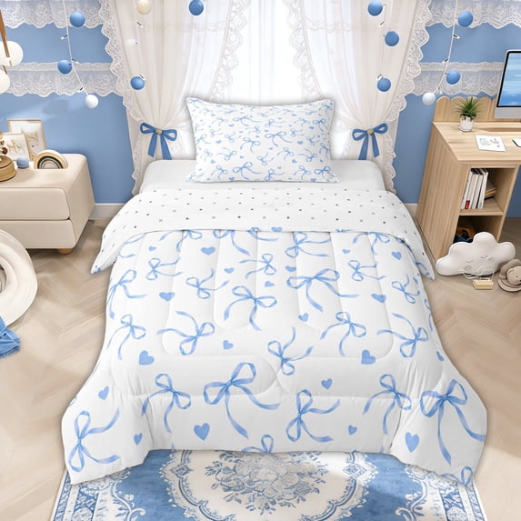 Manfei Light Blue Bows Love Hearts Twin Comforter Sets for Girls, Cute Ribbon Bows Bedding Set, Reversible, 2 Pieces