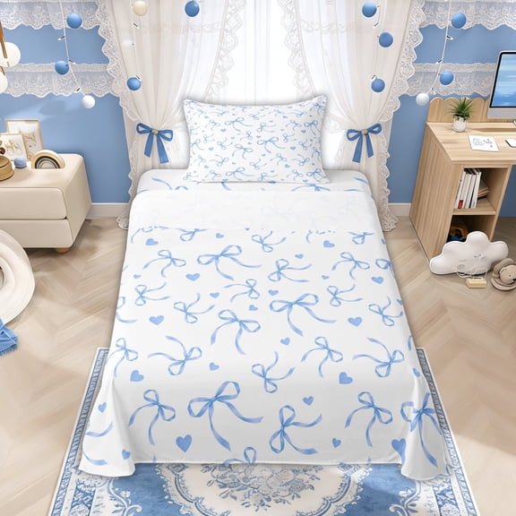 Manfei Light Blue Bows Love Hearts Twin Sheet Sets for Girls, Cute Ribbon Bows Bedding, 3 Pieces