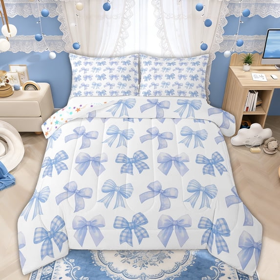 Manfei Light Blue Gingham Bow White Queen Comforter Set for Boys Girls, Cute Ribbon Bedding Comforter Set, Colorful Stars Reversible, 3-Piece