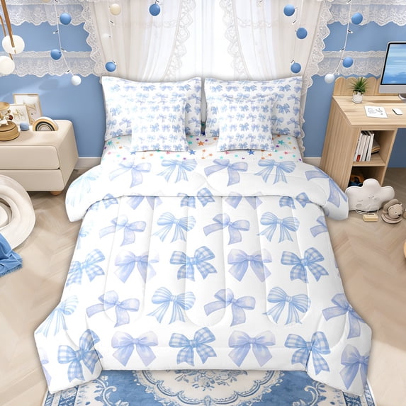 Manfei Light Blue Gingham Bow White Twin Bedding Sets for Boys Girls, Cute Ribbon Bedding Comforter Set, Colorful Stars Reversible, 7-Piece