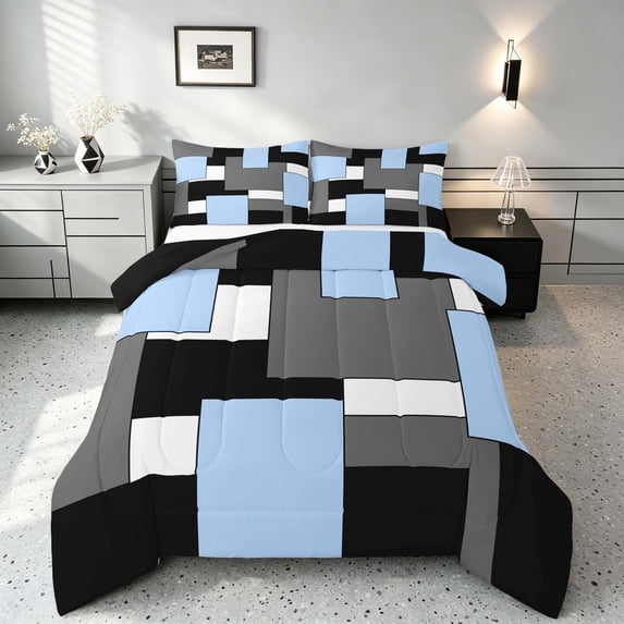 Manfei Light Blue Gray Square Full Size Comforter Sets, Minimalism Geometric Grid Bedding Comforter Set, Black Reversible 3-Piece, 1 Comforter and 2 Pillowcases