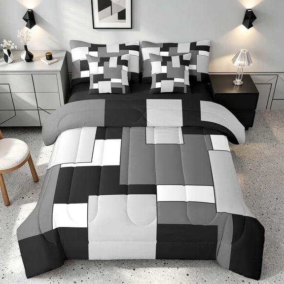Manfei Light Gray Square Full Size Bedding Sets, Minimalism Geometric Grid Full Size Bed in a Bag, Black Reversible 7-Piece
