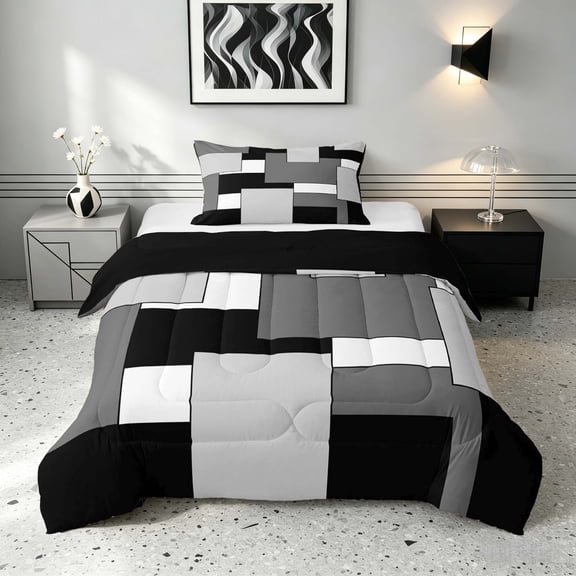 Manfei Light Gray Square Twin Comforter Sets, Minimalism Geometric Grid Bedding Set, Black Reversible 2 Pieces, 1 Comforter and 1 Pillowcase