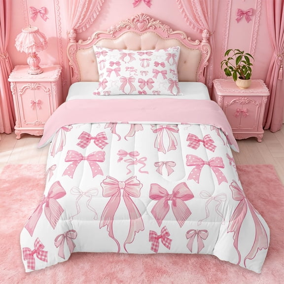 Manfei Light Pink Preppy Bowknot Twin Comforter Sets For Kids,Ribbon Bow Print Bedding Set For Girls,Pink Reversible,2 Pieces