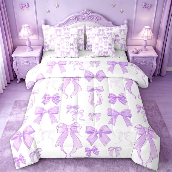 Manfei Light Purple Bow 7pcs Bedding Comforter Set For Girls,Preppy Bowknot Print Queen Bedding Sets For Kids,Reversible